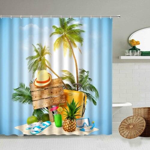 Vacation Picnic Shower Curtains Coconut Tree Hawaii City View Camera Bathroom Waterproof Polyester Cloth Curtain Home Decor