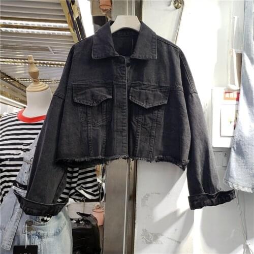 Korean Black Casual Short Denim Outerwear Women Loose Autumn 2021 Single-breasted Batwing Sleeve Female Jeans Jacket Veste Femme