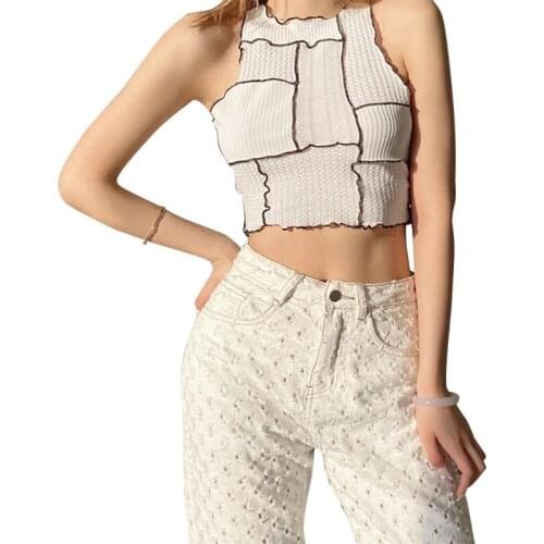 Women Summer Sleeveless Crewneck Crop Tank Top Irregular Ruffled Stitiching Plaid Slim Vest Geometric Pattern Shirts