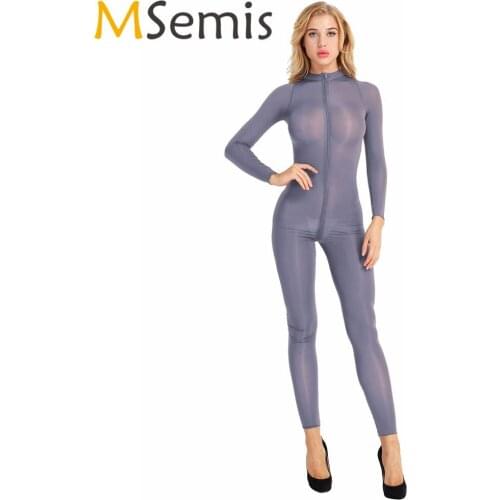 Women Sheer Bodystocking Lingerie Long Sleeve Double Zipper Open Crotch Sexy Transparente Bodysuit Hot Smooth Jumpsuit Nightwear