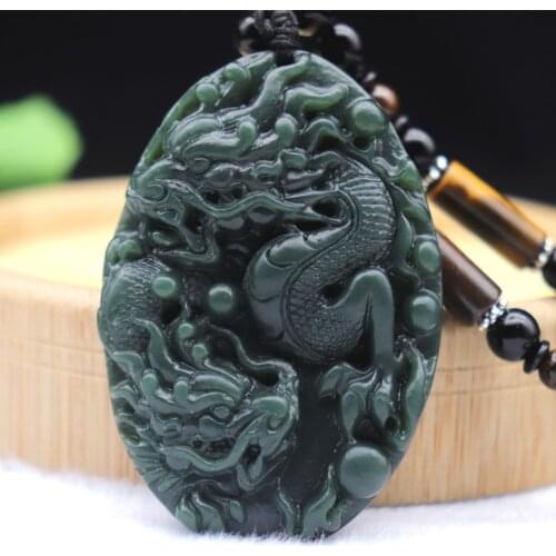 100% Natural Chinese HeTian Green Jade Hand-Carved Double Dragon Pendant Beads Necklace Fine Auspicious Jewelry for Men Women