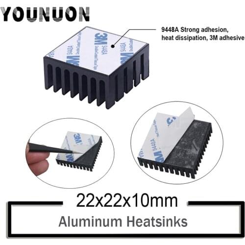 100Pcs YOUNUON Black 22x22x10mm Aluminum Heatsink Cooler Circuit Board Cooling Fin for Raspberry Pi VGA RAM IC Chips