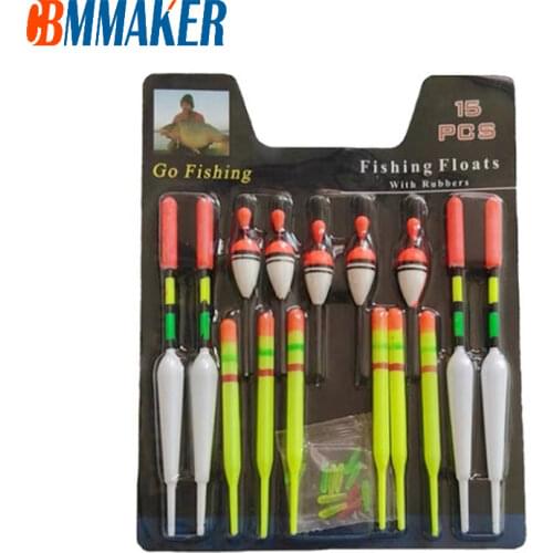 15Pcs Fishing Floats Set Vertical Buoy Sea Assorted Size for Most Type of Angling with Attachment Rubbers Fishing Accessories