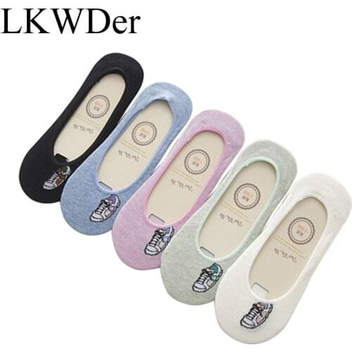 LKWDer 5 Pairs/Lot Women Boat Socks Low Cut Invisible Non-slip Silicion Cartoon Cute Girls Socks Summer Female Cotton Sock Meias