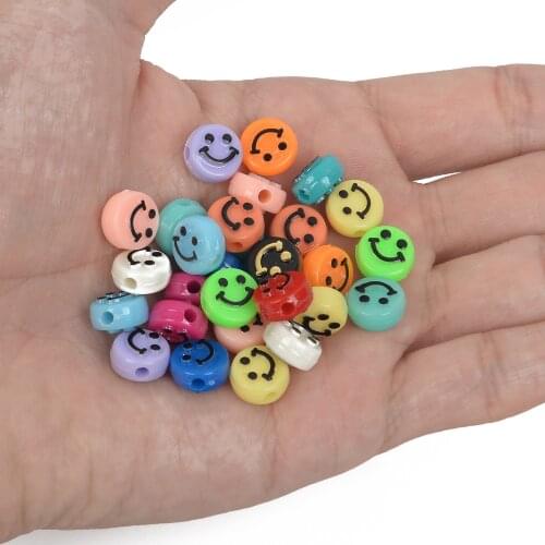 50Pcs/Lot 10MM Multicolor Acrylic Beads Flat Smile Face Round Loose Space Beads for Jewelry Making Bracelet Necklace Accessories