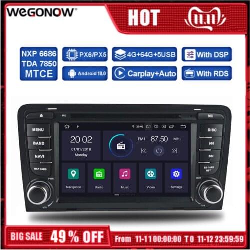 DSP PX6 IPS Android 10 4GB RAM + 64GB ROM Car DVD Player navigation GPS Map RDS Radio Bluetooth 5.0 Wifi For Audi A3 2003-2013
