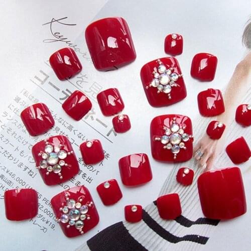 24Pcs DIY Artificial Short False Toenail Wine Red Diamond Short Paragraph Fake Toe Nail For Design Full Cover Foot Nail Art Tips
