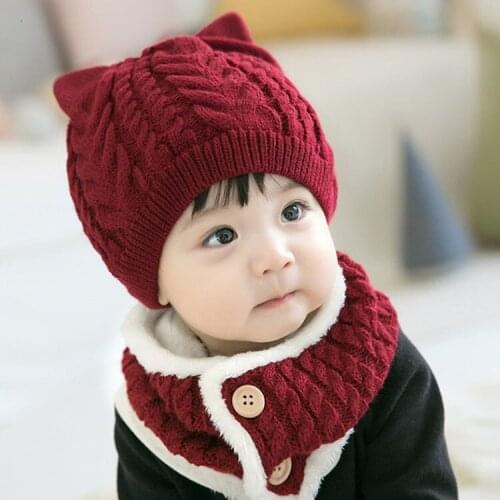 Red Color Cute Baby Scarf Winter Caps Set Warm Knitting Wool Kids Cap Scarf Set Charming Kid Scarf Girl Boy Thick Cute Hats