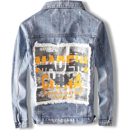 New Fashion Trend Mens Retro Light Blue Printed Denim Jacket Casual Loose Beggar Ripped Large Size Mens Jacket Coat