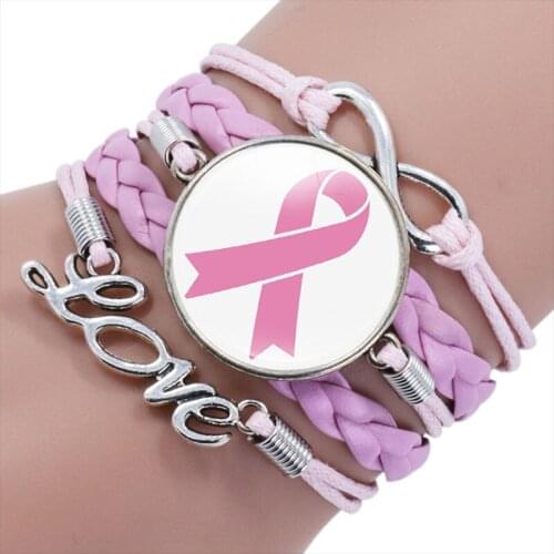 Pink Ribbon Breast Cancer Awareness Charm Bracelet 12 Types Multilayer Leather Bangle Bracelets