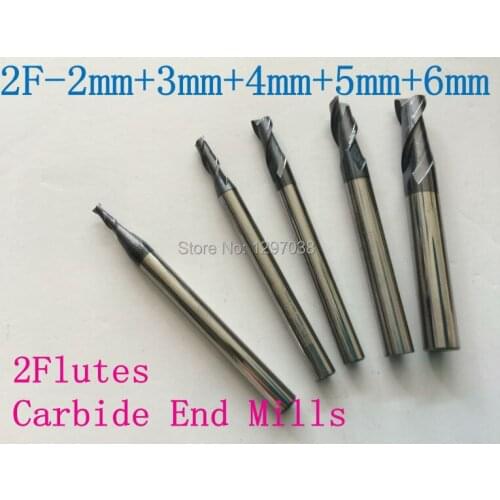 Full sets 5pcs 2 Flutes 2-6MM micro grain Solid carbide end mills , Milling Cutter, CNC Lathe Tool router bits hrc45-50