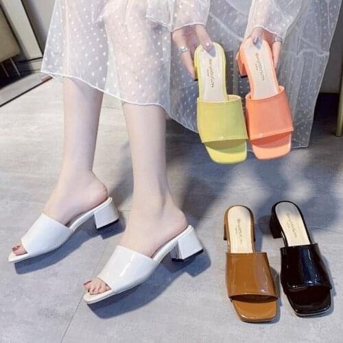 Summer New Style Sandals Women Korean Style Square Head Patent Leather Candy Color Thick Heel Mid-heel Fashion Slippers
