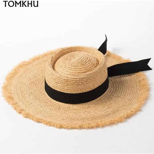 Ladies Fashion New Ring Flat Top Black Bowknot Raffia Straw Hats For Women Summer Sunshade Beach Straw Hat Wide Brim Hat