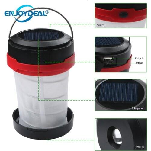 Collapsible 3W LED Solar Camping Latern Lamp Portable Outdoor Emergency Tent Light Torch Light Power Bank white light 3mode