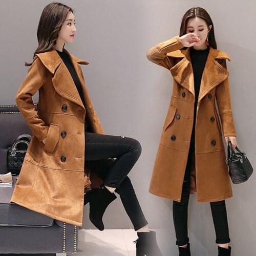 Womens Windbreaker Long Korean Trench Coat Faux Deerskin Double-breasted Elegant Ladies Clothing Abrigo Mujer KJ370