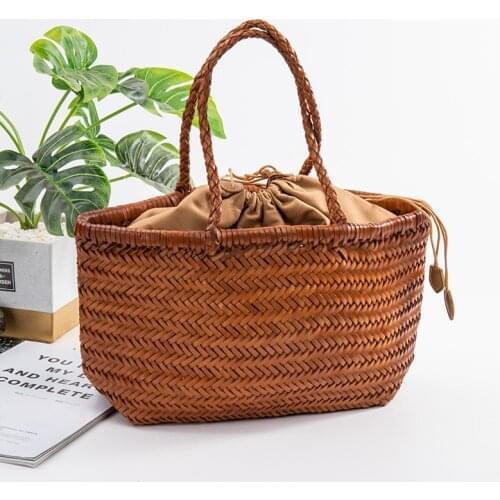 Womens bag Top Layer Cowhide Vegetable Tanning Handmade Herringbone Weaving Vegetable Basket Handbag French Leisure