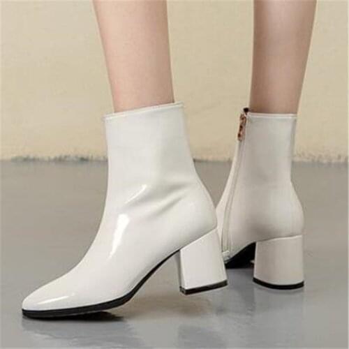 2021 New Women Ankle Boots Square Toe Chunky High Heel Shoes Woman Pumps Female Fashion Leather Sexy Side Zipper Chelsea Booties