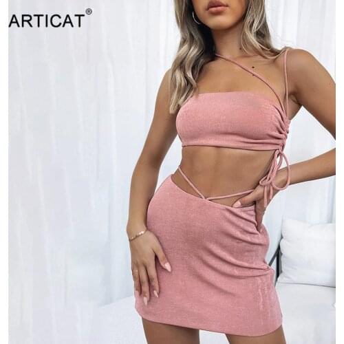 Articat Drawstring 2 Pieces Skirt Sets Women Strapless Ruched Camis Bandage Mini Bodycon Skirts Suit Matching Set Solid Outfits