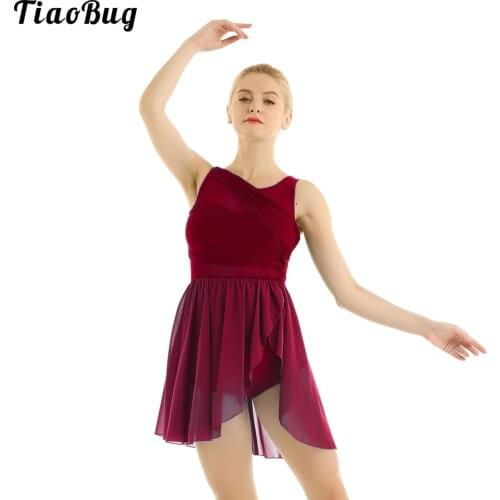 TiaoBug Women Sleeveless Ballet Dress Cut Out Asymmetric Chiffon Stretchy Dance Gymnastics Leotard Stage Performance Costume