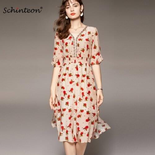 Schinteon Women Silk Long Dress 100% Real Silk Print V-Neck Elastic Waist Beading Ruffles Sleeved Dresses for Summer New