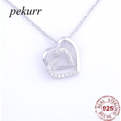 Pekurr 925 Sterling Silver Double Connect Love Hollow Girls Statement Heart Necklaces For Women Pendants & Chain Fine Jewelry