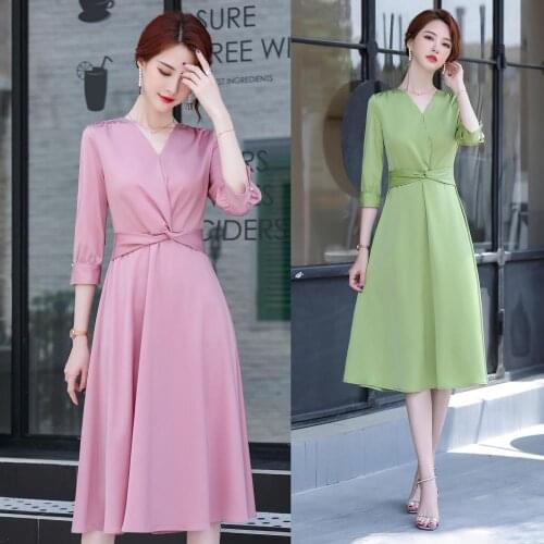 Spring Summer Women Work Dresses Half Sleeve Pink Office Elegant Ladies Party Dress V-neck OL Styles