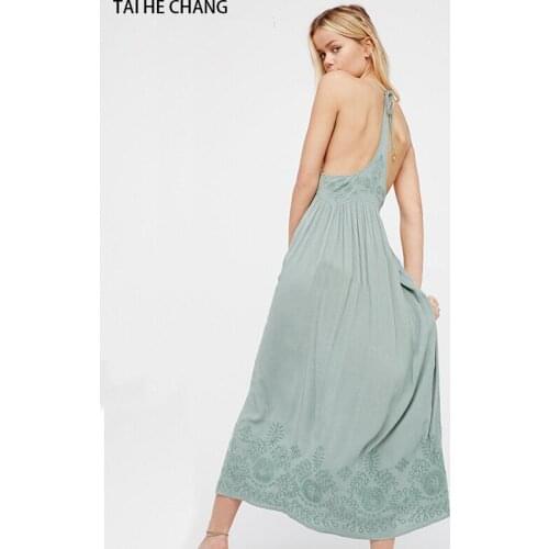 Women Vestidos elegant vintage bohemian casual runway sexy backless beach loose long maxi Embroidery Spaghetti strap dress