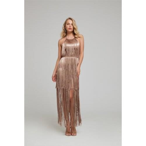 High Quality Halter Backless Tassel Thick Rayon Bandage Dress Celebrity Women Evening Party Dress