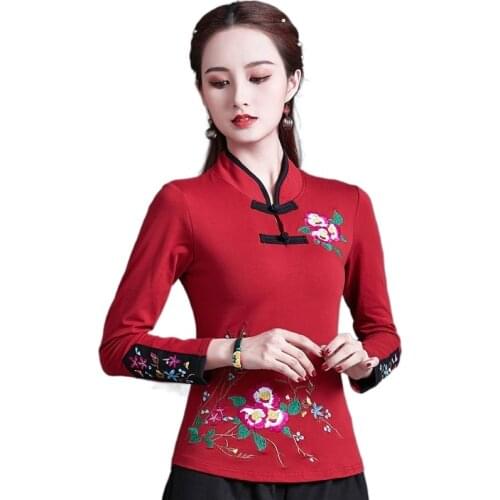 2021 Traditional Chinese Clothing Women Cheongsam Top Embroidery Mandarin Collar Vintage Shirt Blouse Ladies Chinese Top V1910