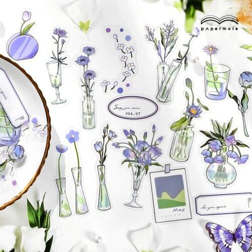 40 Pieces Lavender Tulip PET Sticker Pack Lily Cartoon Kawaii Stickers Vintage Art Decoration Material Stationery Sticker