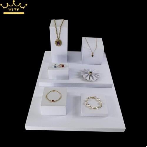 8 pieces /lot white cube PU leather jewelry display counter showcase wooden pendant necklace earrings plate bracket display tray