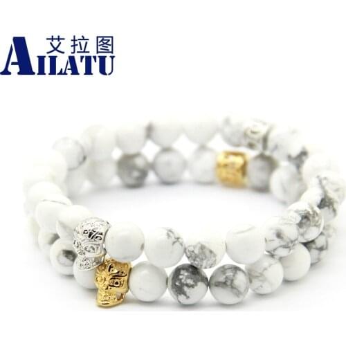 Ailatu Mens Jewelry Wholesale 8mm Natural White Howlite Stone Beads Skull Bracelet