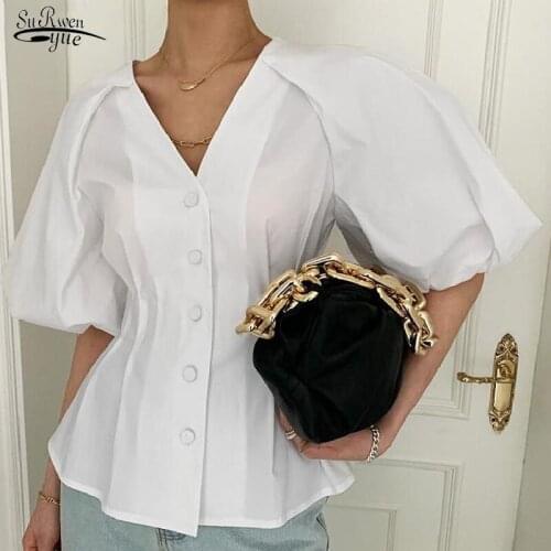 2021 Summer Slim White Blouse Women Vintage V-neck Lantern Sleeve Shirts Women Single-Breasted Womens Clothing Blusas 14813