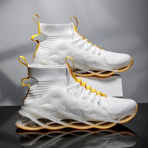 Large Size Hi Top Outdoor Sock Sneakers Mens Running Shoes Sport Man Sports Shoes for Male White Yellow Knit Tennis Gym D-867