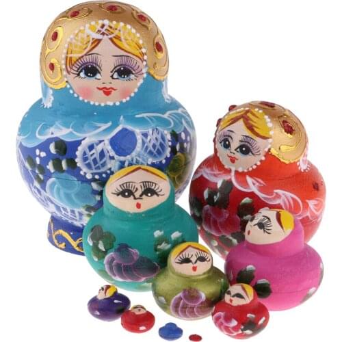 Prettyia Traditonal Girls Wooden Russian Nesting Doll Matryoshka Dolls 10pcs