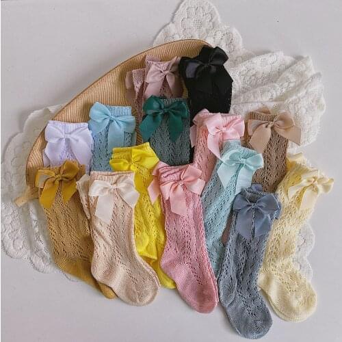 Spain Style Kids Socks 100% Cotton Breathable Mesh Long Socks for Girls Children Bow Princess Knee School Pink Socks