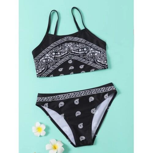 Infant Kids Girls Summer Swimwear Vintage Printing Swimsuit Two-Piece Bikini Outfits Swimming Beachwear Bathing Suit 8-13 Years