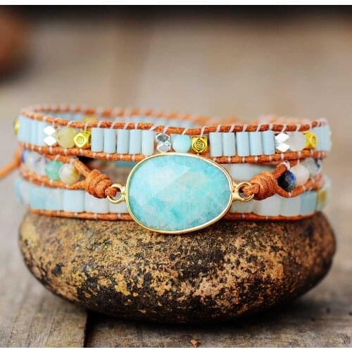 Exclusive Fancy Wrap Bracelets W/ Natural Stone Amazonite Crystals Beaded Triple Statement Bracelet Bijoux Bohemian Jewelry