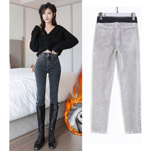Stretch skinny jeans denim womens trousers plus velvet fashion casual trousers