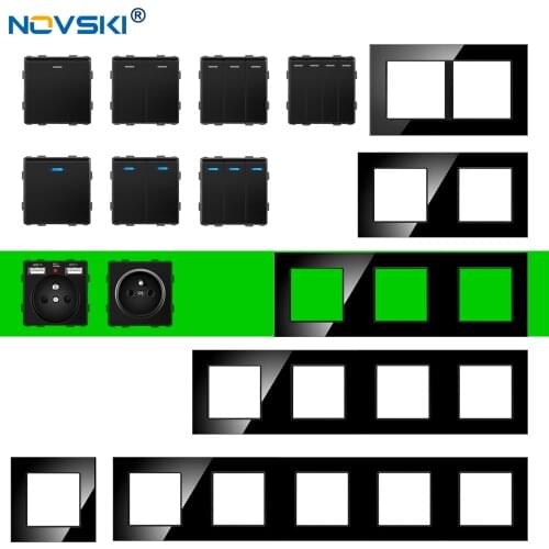 French Rocker Switch Glass-Panel Black 1|2|3 Gang, Free Combination Socket USB Charger,Hybrid Multi-frame Switch Socket, NOVSKI
