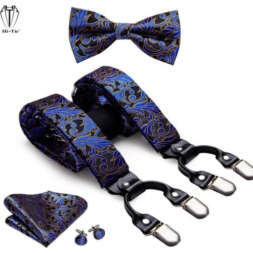 Hi-tie New Jacquard Silk Mens Suspenders Set Blue Black Flower 4PC 6 Clips Male Braces Bowtie Pocket Square Cufflinks 3.5cm wide