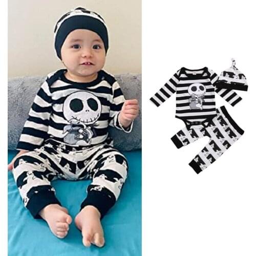 0-24M Baby Boy Halloween Clothes Set Unique Stripe Pattern Long Sleeve Jumpsuit Elastic Long Pants With Hat Baby Boys Outfits