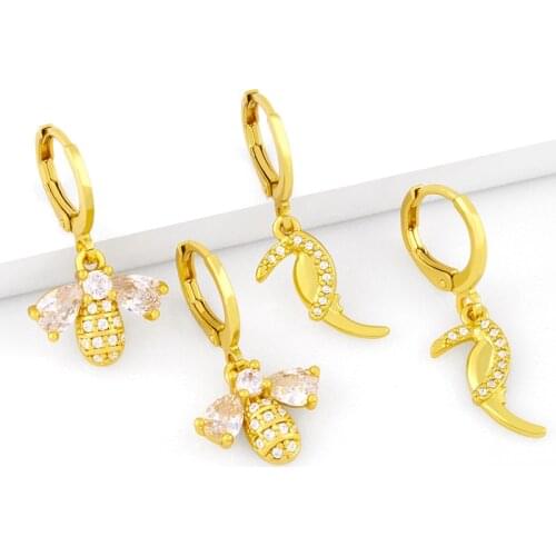 FLOLA Small Bee Huggies Earrings For Women Gold Plated Woodpecker Dangle Earrings Cubic Zirconia Wholesale Jewelry Gifts ersx06