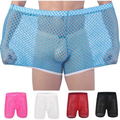 Mens Trunks Mesh Fishnet Hollow Out Boxers Transparent Loose Causal Shorts Sleep Bottoms Quick-drying Trunks Elastic