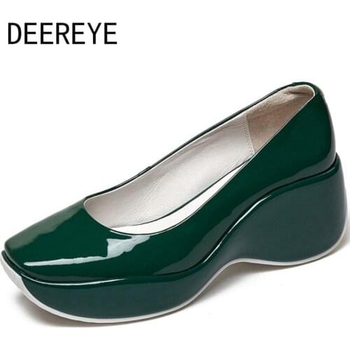 Platform Womens Slip On High Heel Pumps 6.5CM Cowskin Patent Leather Comfortable Casual Single Shoes 2021 Luxury For Dress Daily