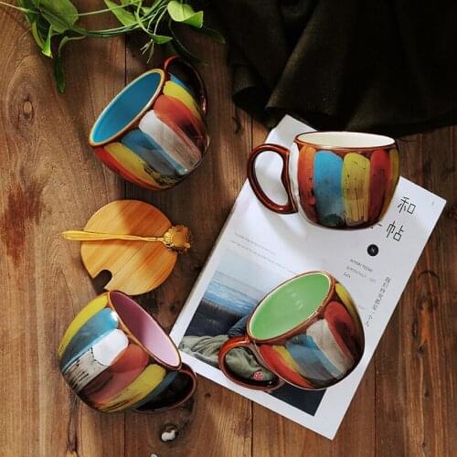 2021 New Ceramic Water Cup Creative Hand Color Coffee Cup Milk Cup Couple Cup Breakfast Cup Mug With Lid Spoon