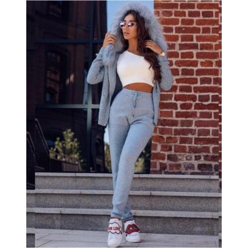 2020 Drawstring Wool New Cashmere Suit Fox Fur Hooded Cardigan Sweater Casual Trousers Two-piece Fashion Warm 2 Piece Woman