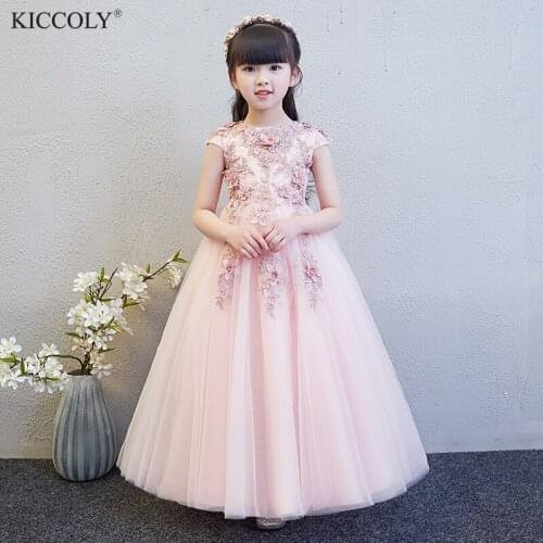 New Elegant Girl Pageant Dress Pink Lace Wedding Party Dress Child First Communion Dress Baby Girl Formal Princess Ball Gowns