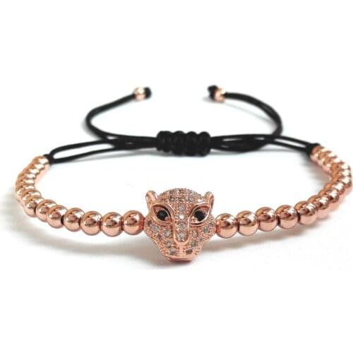 Brand New Men Bracelet,4mm Round Copper Beads & Leopard Head Braiding Macrame European American Weaving Bracelets,Gift