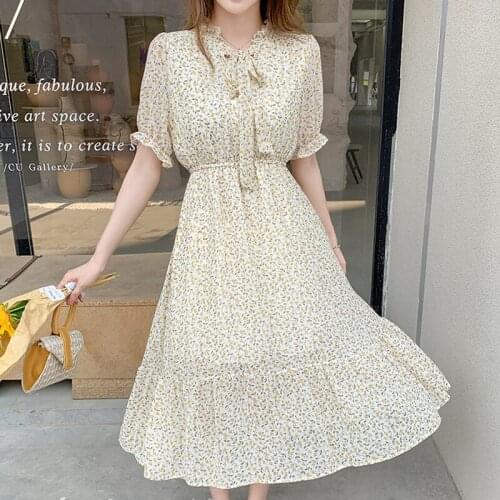 Floral Dress for Women Summer New Fashion Sweet Korean Style Short Sleeve Print Waist Thin Big Swing Beach Vacation A-Line Dress